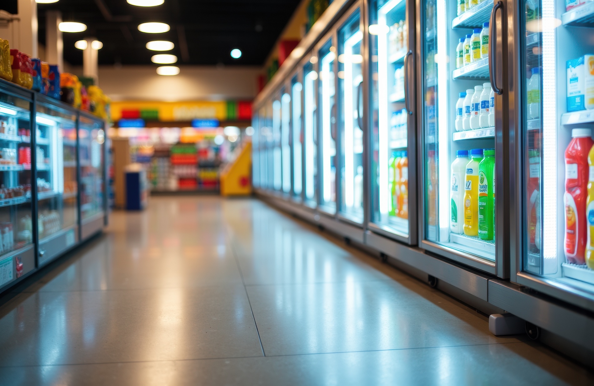 Supermarket aisle with bright refrigerated display cases showcasing drinks and dairy items, illuminated by cool lighting and organized shelves, creating a clean and modern shopping environment